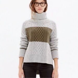 Madewell Cityblock Turtleneck Cable Knit Sweater Gray Sage Green Wool Alpaca